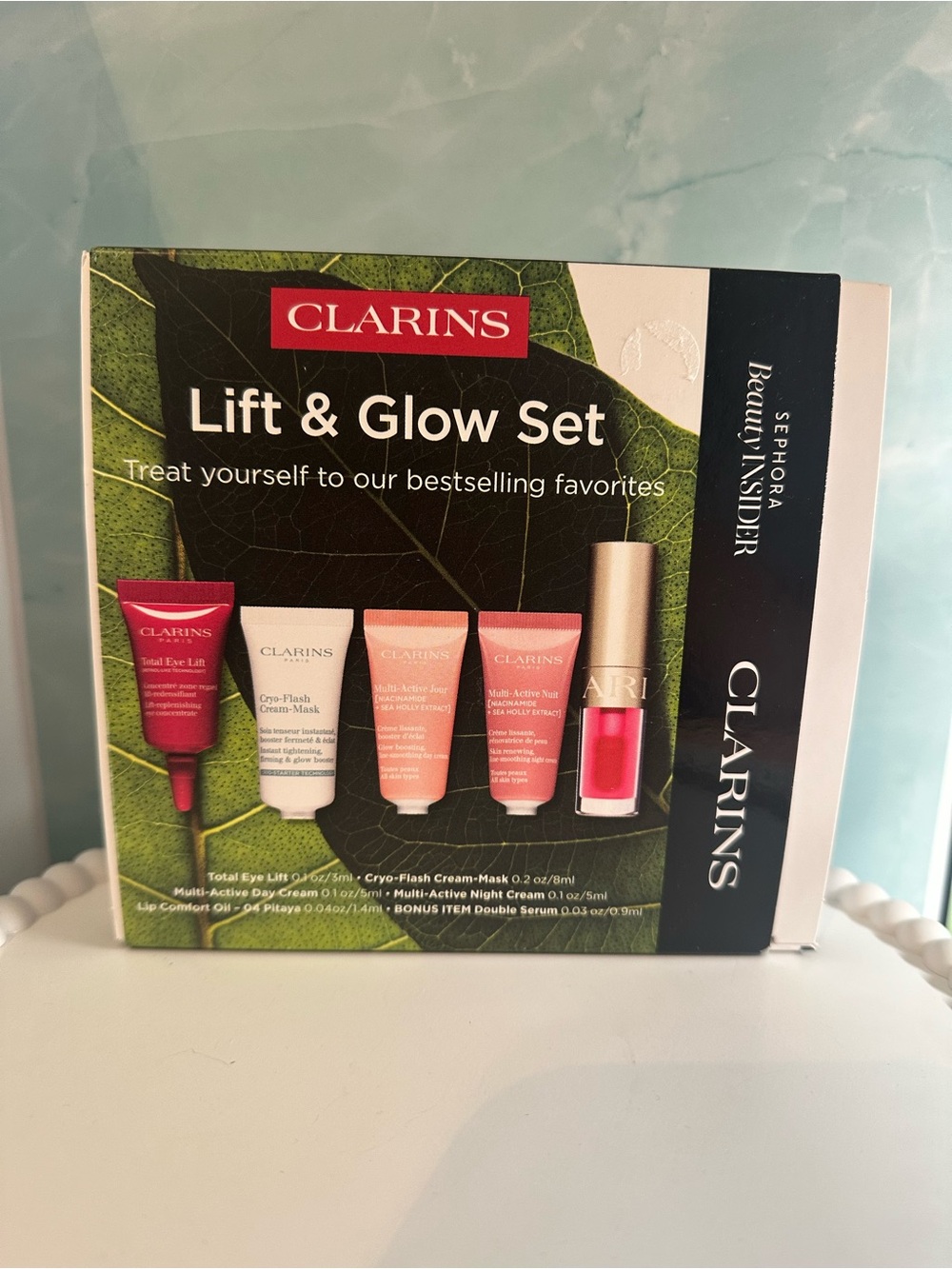 CLARINS Lift & Glow 6pc Set- Eye Lift/D Serum/Day Cream/Mask/Night Cream/Lip Oil